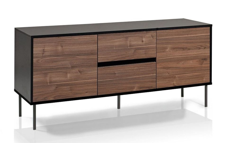 Buffet 2 portes mélaminé noir et noyer pieds métal noir Olani L 160 cm - Photo n°1