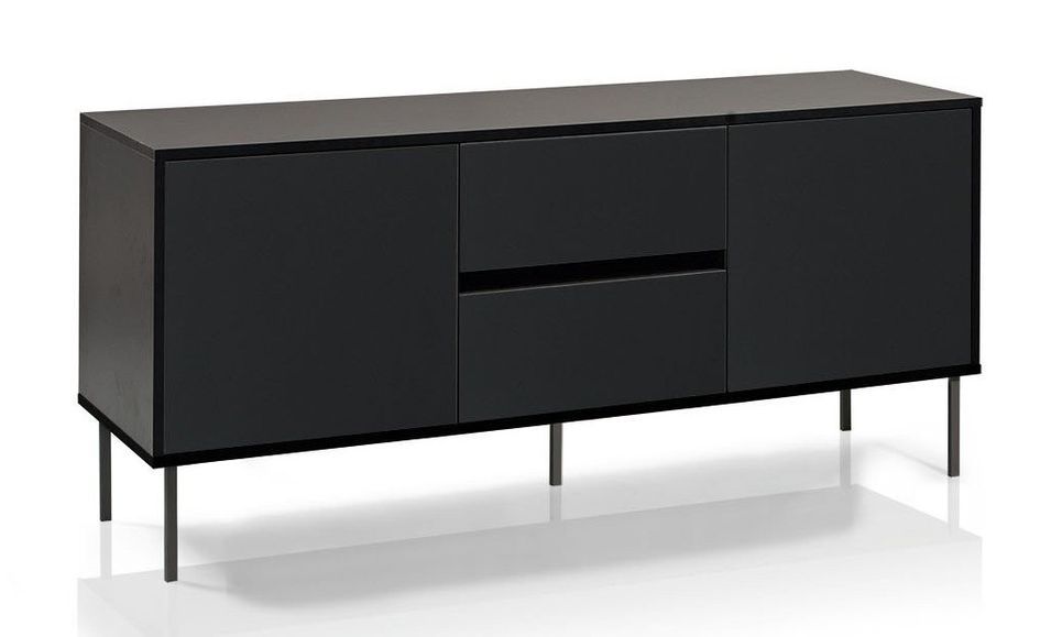 Buffet 2 portes mélaminé noir pieds métal noir Aumi L 160 cm - Photo n°1