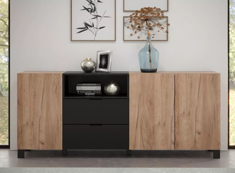 Buffet 3 portes 2 tiroirs bois clair et noir Paula L 185 cm - Photo n°1