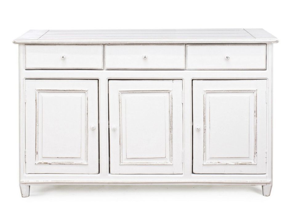 Buffet 3 portes 3 tiroirs KOLITA 150 cm – Bois massif blanc patiné - Photo n°1