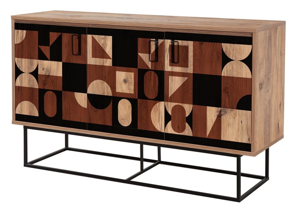 Buffet 3 portes bois arlequin et métal noir Quantum 140 cm - Photo n°1