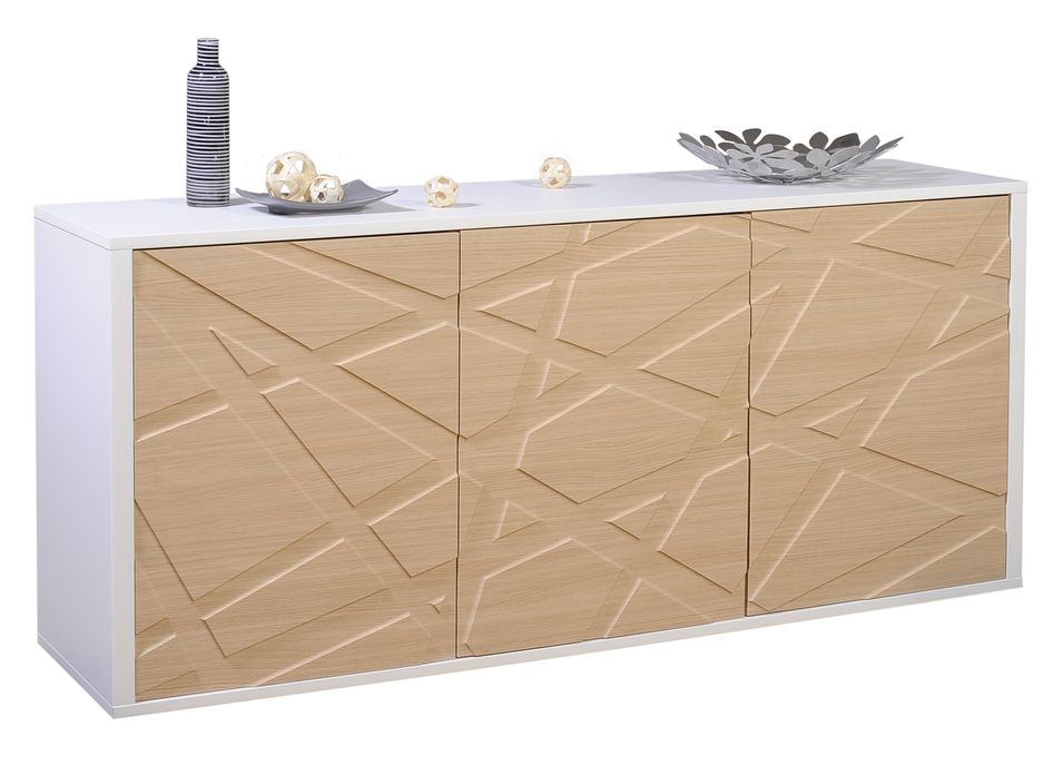 Buffet 3 portes bois clair et blanc brillant Gracia - Photo n°1