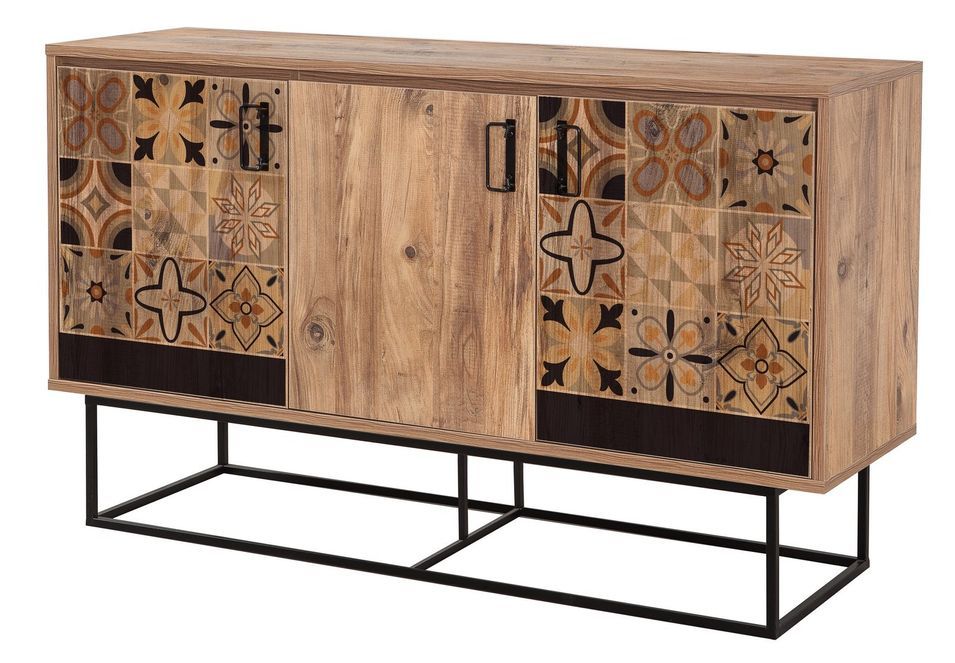 Buffet 3 portes bois clair rétro et métal noir Quantum 140 cm - Photo n°1