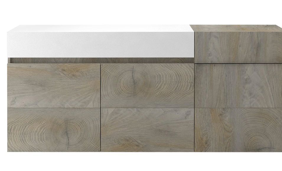 Buffet 3 portes 1 tiroir laqué blanc mat et bois chêne clair Baite - Photo n°1