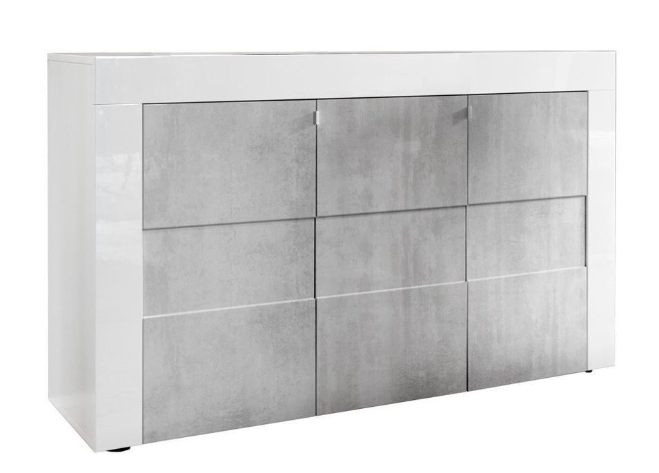 Buffet 3 portes laqué blanc brillant et béton Lubi L 138 cm - Photo n°1