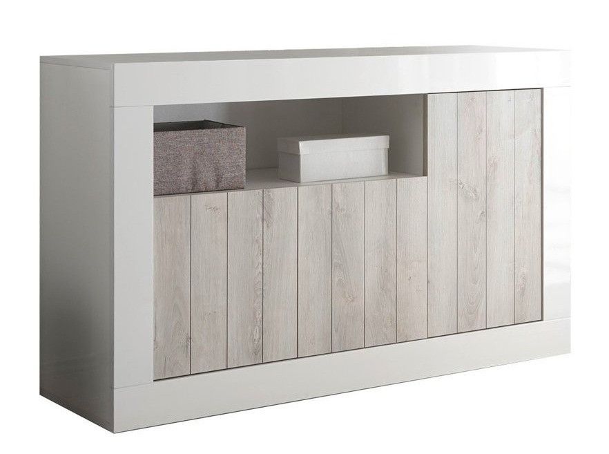 Buffet 3 portes laqué blanc brillant et pin gris Pilari L 138 cm - Photo n°1