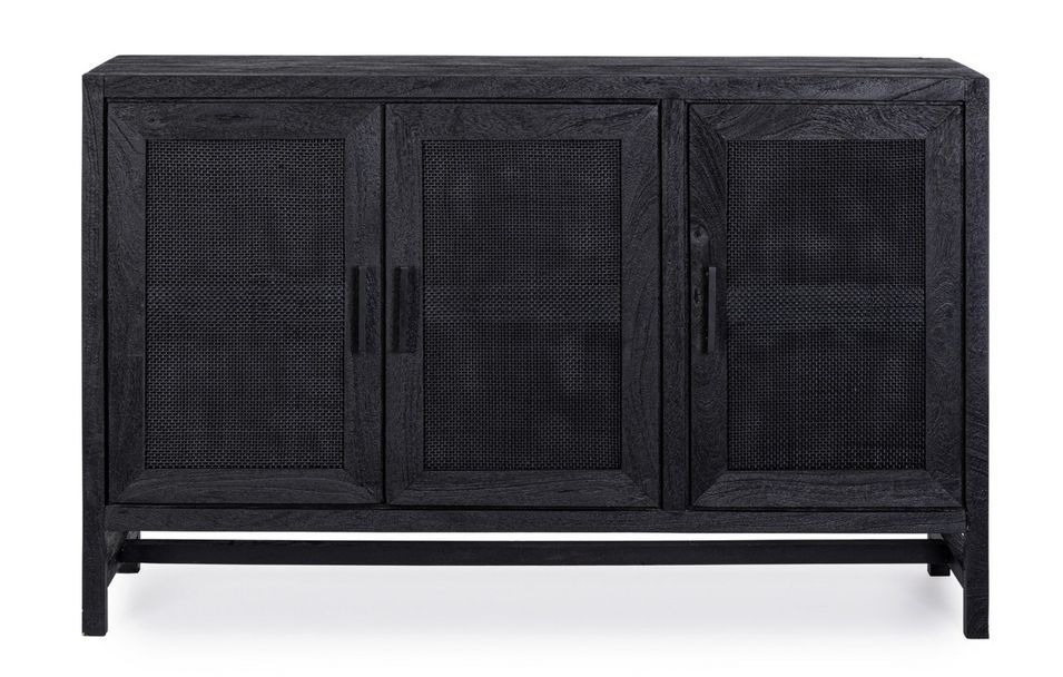 Buffet 3 portes WAKY 125 cm - Bois massif et rotin noir - Photo n°1