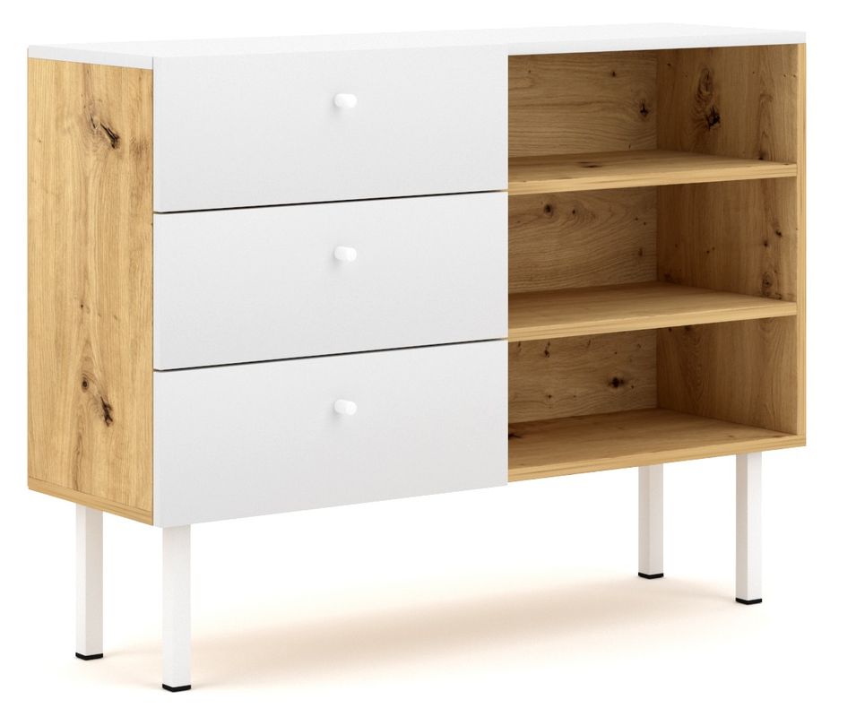 Buffet 3 tiroirs 3 étagères blanc et chêne artisan Makalo 100 cm - Photo n°1
