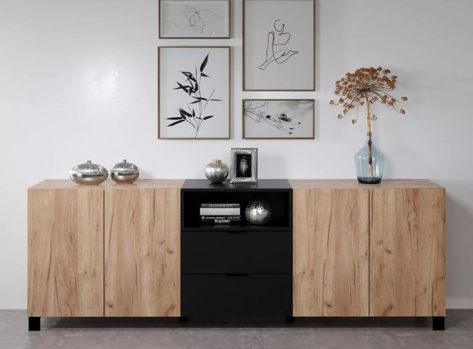Buffet 4 portes 2 tiroirs bois clair et noir Paula L 227 cm - Photo n°1