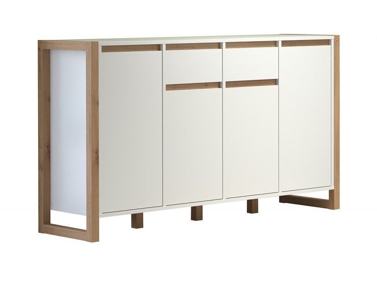 Buffet 4 portes 2 tiroirs bois mdf blanc et bois clair Maria - Photo n°1