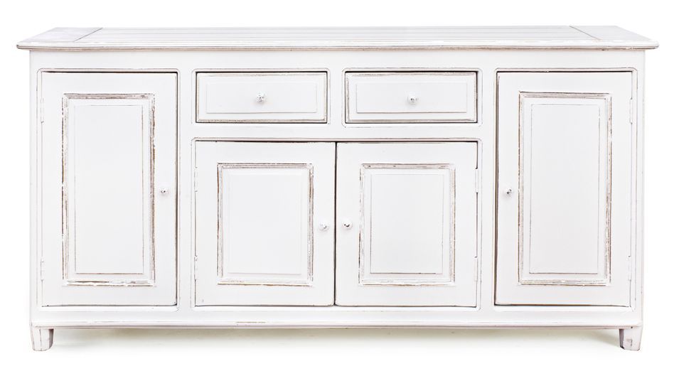 Buffet 4 portes 2 tiroirs KOLITA 180 cm – Bois massif blanc patiné - Photo n°1