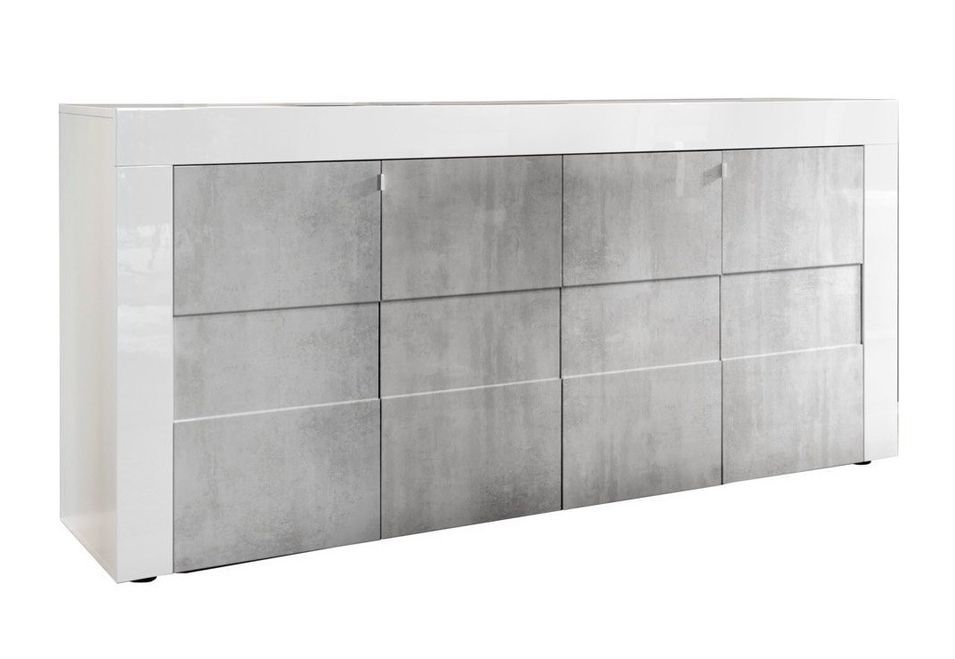 Buffet 4 portes bois laqué blanc brillant et béton Lubi L 180 cm - Photo n°1