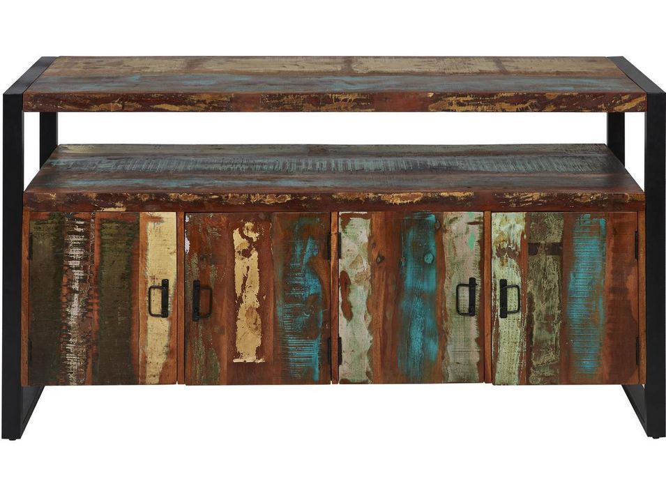 Buffet 4 portes bois massif recyclé et pieds métal noir Limba 175 cm - Photo n°1