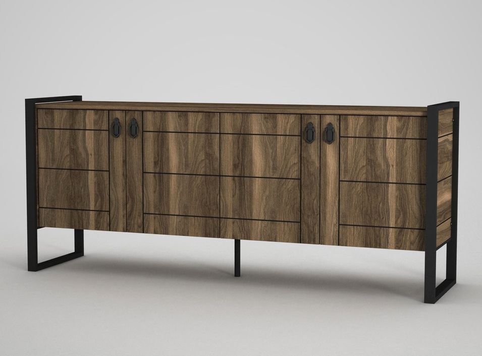 Buffet 4 portes en bois marron et pieds en acier noir Faukon 180 cm - Photo n°1