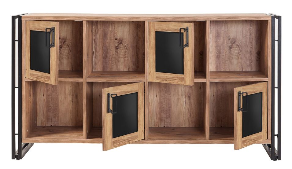 Buffet 4 portes et 4 niches bois naturel et acier noir Lika 164 cm - Photo n°1