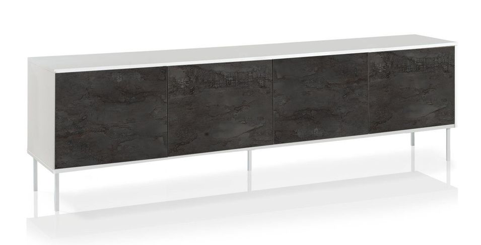 Buffet 4 portes mélaminé blanc et gris pieds métal blanc Soli L 238 cm - Photo n°1
