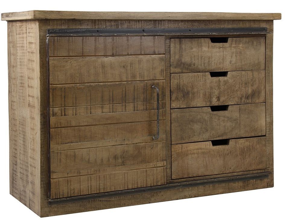 Buffet 4 tiroirs 1 porte manguier massif clair et métal Mata - Photo n°1