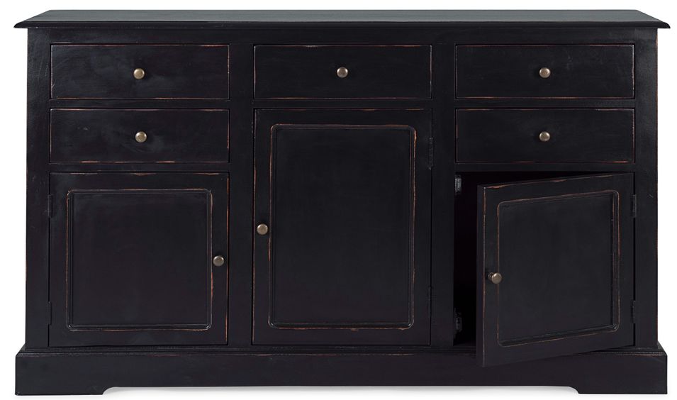 Buffet 5 tiroirs 3 portes bois de manguier noir finition décapée et aspect vieilli avec échelle Jane 145 cm - Photo n°1