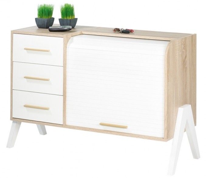 Buffet à rideaux blanc et chêne clair pieds blanc Louriel - Photo n°1