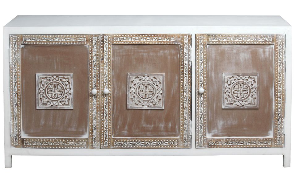 Buffet bas 3 portes bois massif blanc Douny - Photo n°1