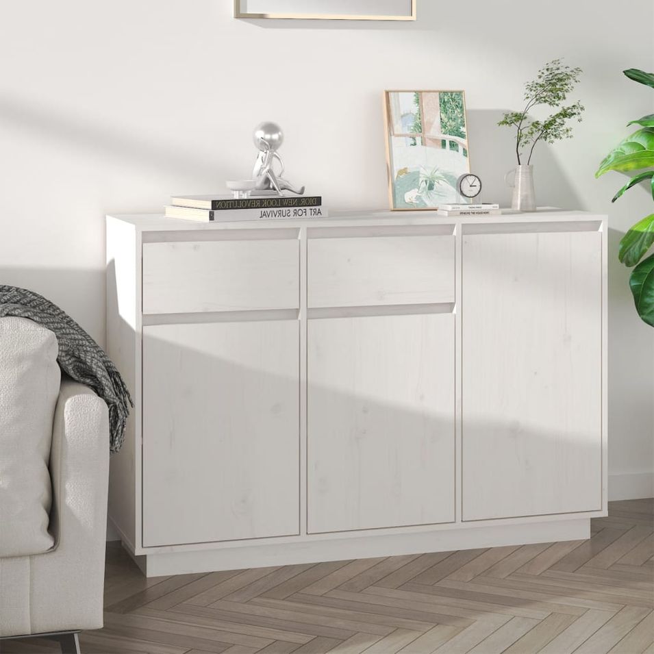 Buffet blanc 110x34x75 cm bois massif de pin - Photo n°1