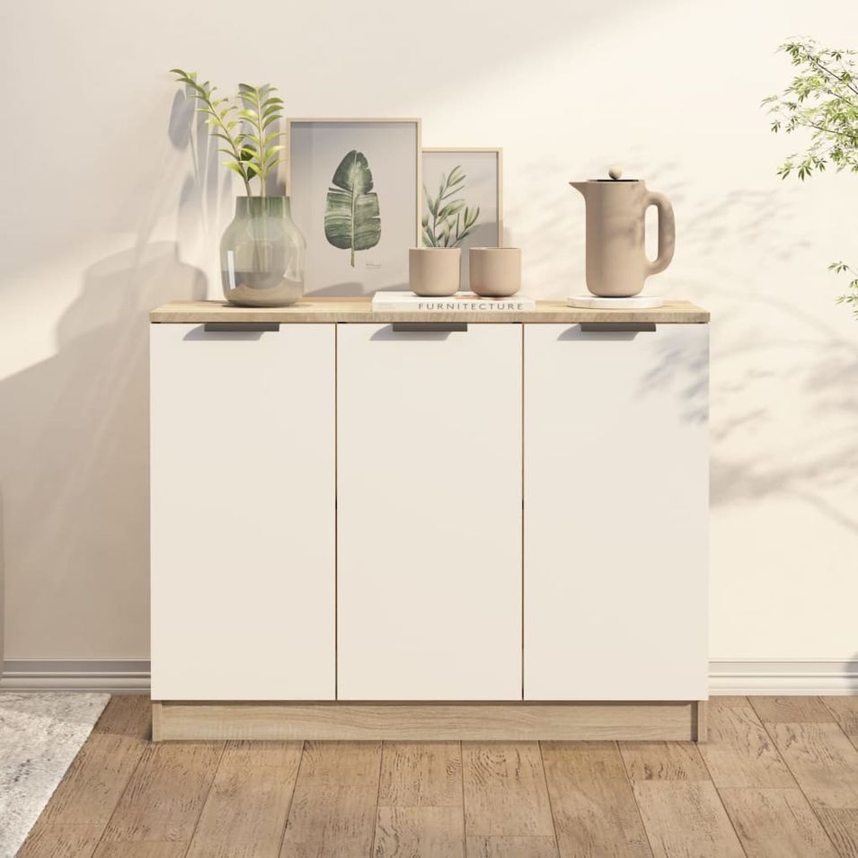 Buffet Blanc et chêne sonoma 90,5x30x70 cm Bois d'ingénierie - Photo n°1