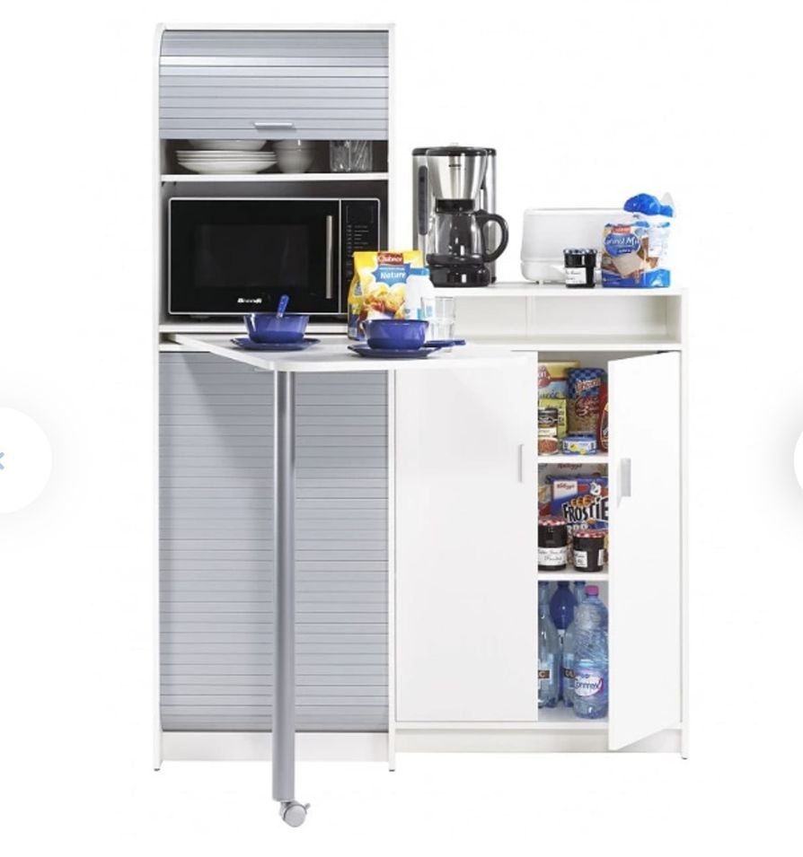 Buffet de cuisine à rideau avec table pivotante blanc et gris SNACK 131 cm - Photo n°1