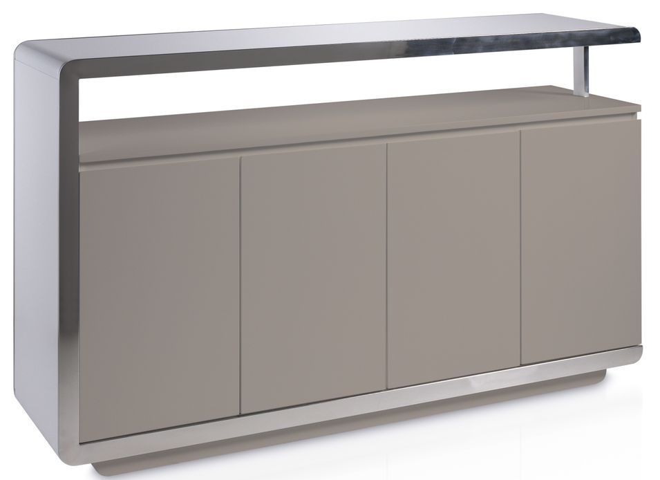 Buffet design 4 portes bois laqué taupe et acier chromé Modena - Photo n°1