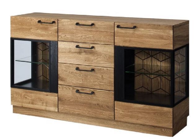 Buffet en bois de chêne miel et acier noir 2 portes 4 tiroirs Mazora 170 cm - Photo n°1