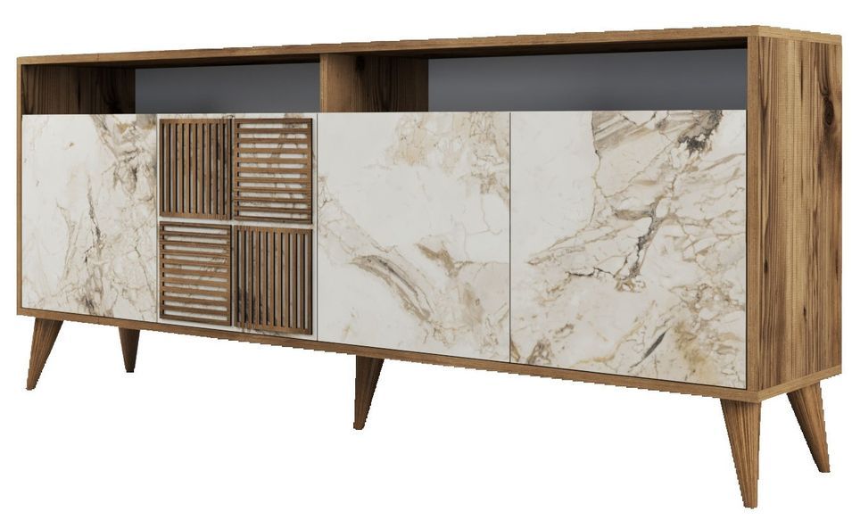 Buffet en bois noyer et blanc effet marbre 4 portes Roma 180 cm - Photo n°1