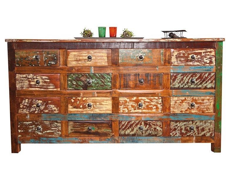 Buffet 16 tiroirs bois de manguier vieilli multicolore Faral 160 cm - Photo n°1