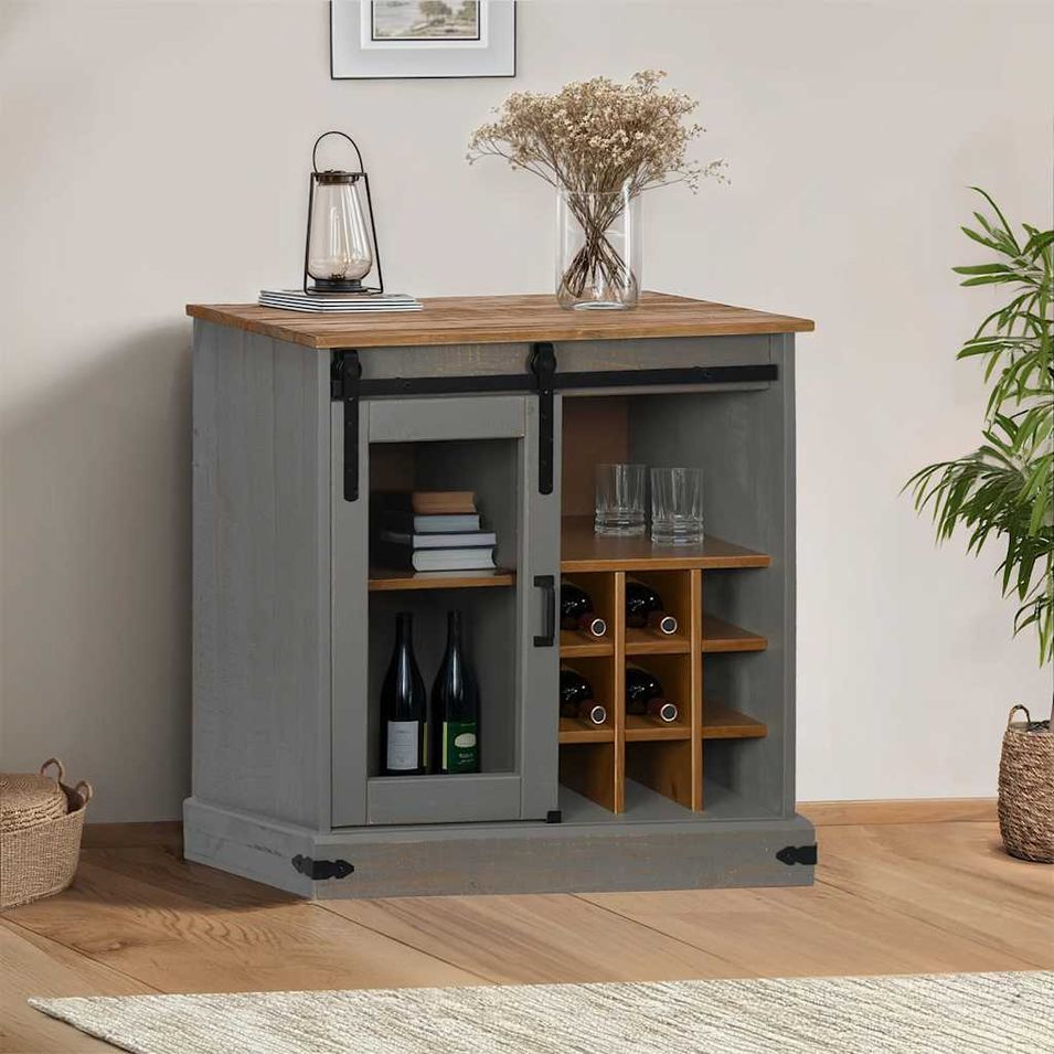 Buffet HALDEN porte coulissante gris 80x40x80 cm bois massif - Photo n°1