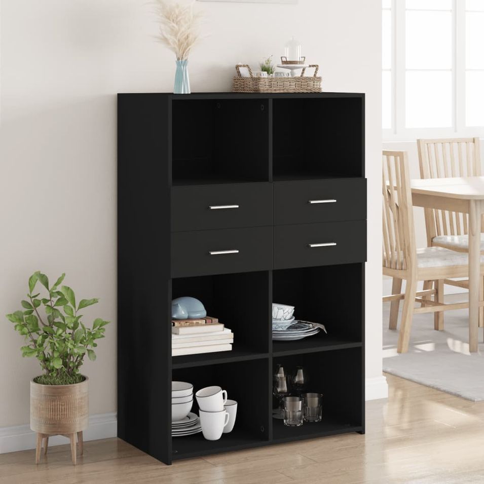 Buffet haut noir 80x42,5x124 cm bois d'ingénierie - Photo n°1