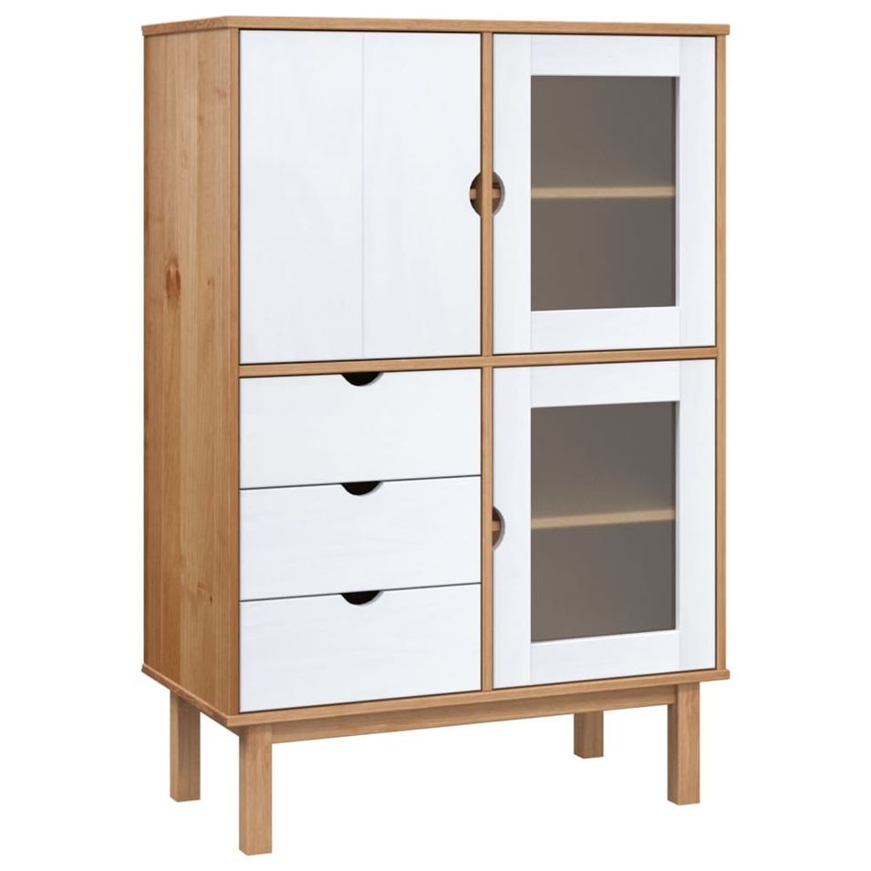 Buffet haut OTTA marron et blanc 85x43x125 cm bois massif pin - Photo n°1