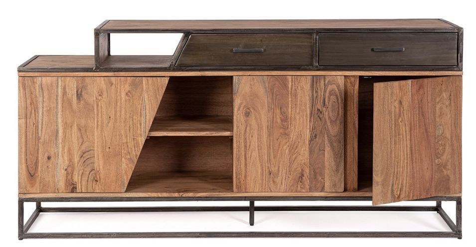 Buffet industriel 3 portes 2 tiroirs bois d'acacia et acier marron Palma 175 cm - Photo n°1