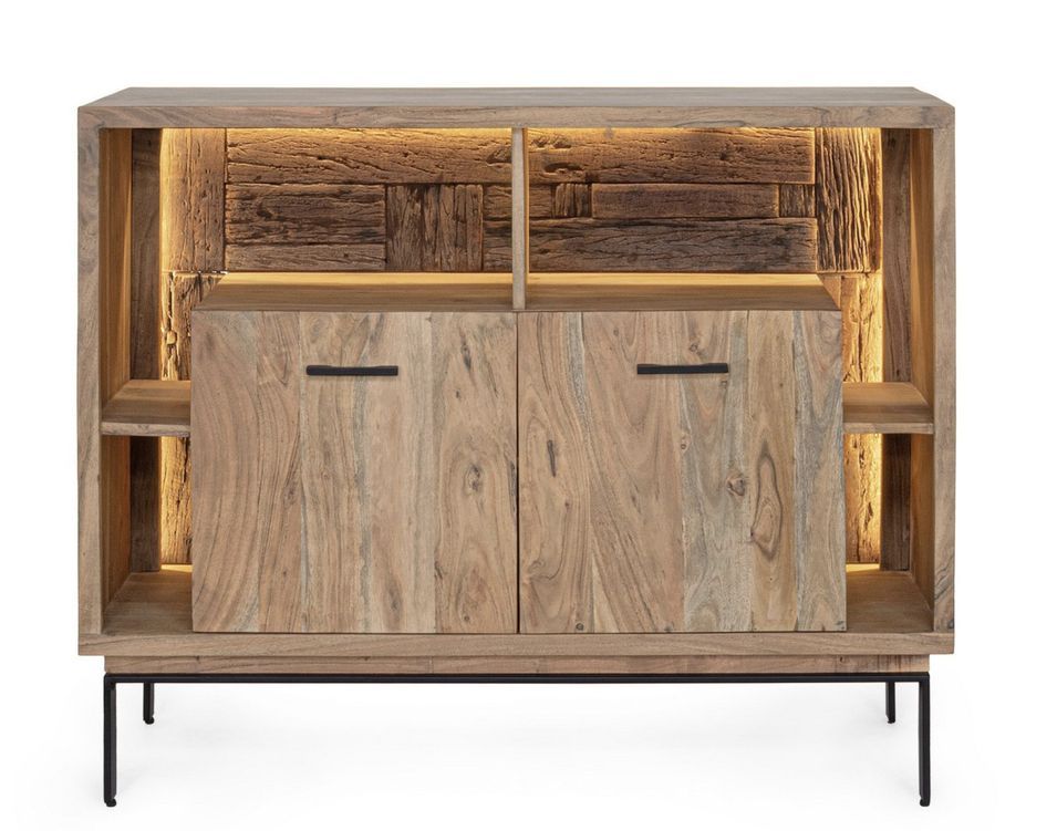 Buffet lumineux 2 portes MANGAL 115 cm – Bois massif d'acacia & acier - Photo n°1