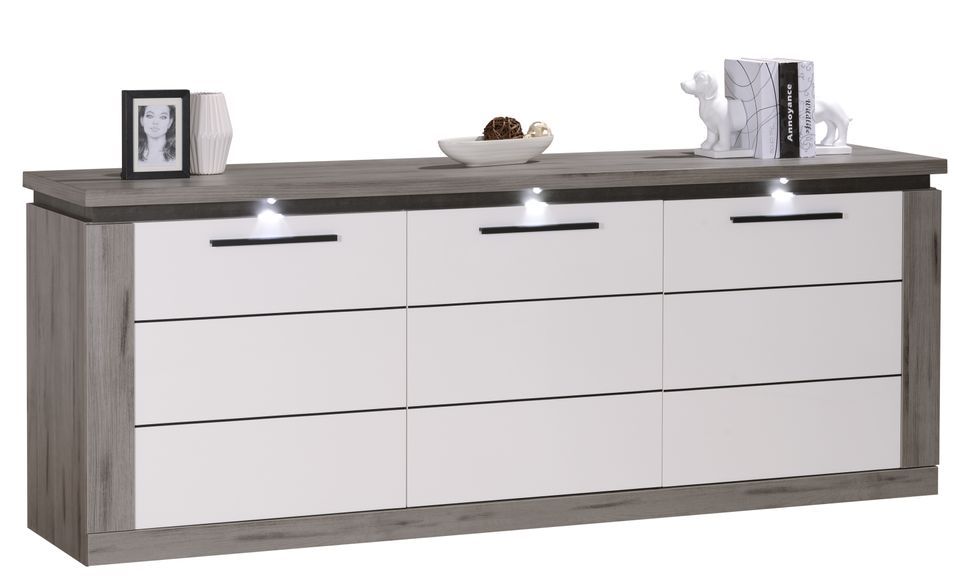 Buffet lumineux 3 portes chêne gris et laqué blanc Oscaro - Photo n°1