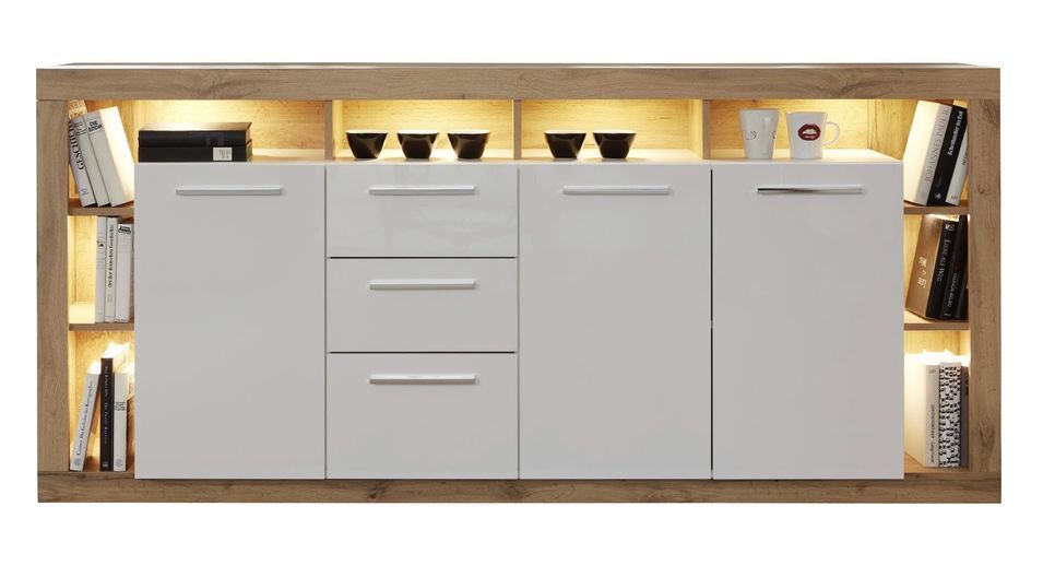 Buffet lumineux chêne Wotan et blanc brillant Roska 220 cm - Photo n°1