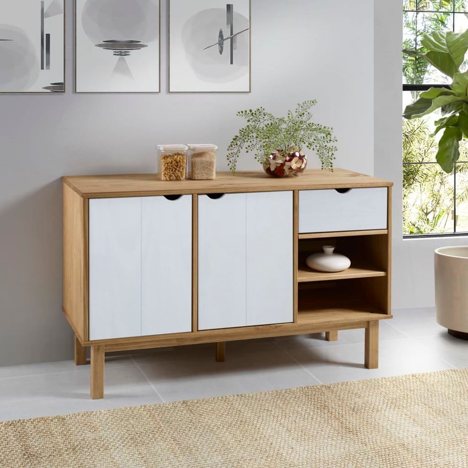 Buffet OTTA Marron et blanc 114x43x73,5 cm Bois massif pin - Photo n°1