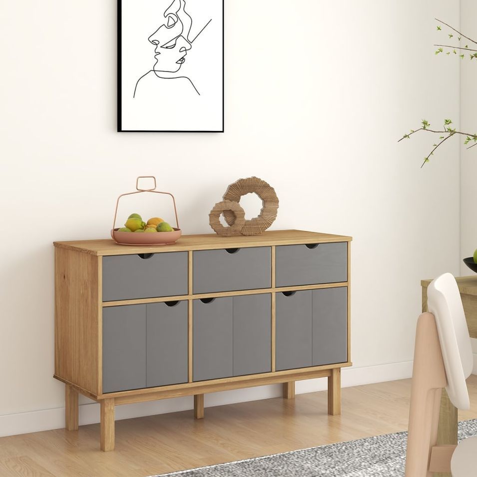 Buffet OTTA Marron et gris 114x43x73,5 cm Bois massif pin - Photo n°1