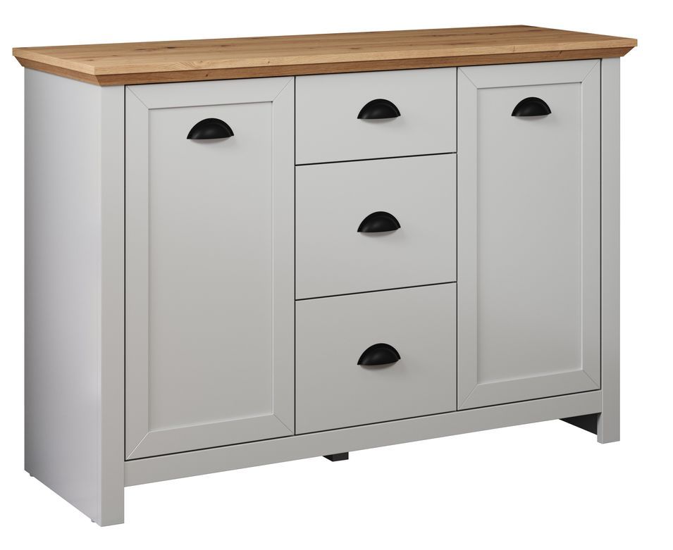 Buffet style maison de campagne en gris clair et chêne artisanal Herbo 110 cm - Photo n°1