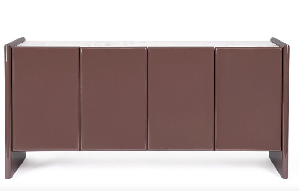 Buffet taupe OTILIA 4 portes – Finition brillante & plateau en pierre marbré - Photo n°1