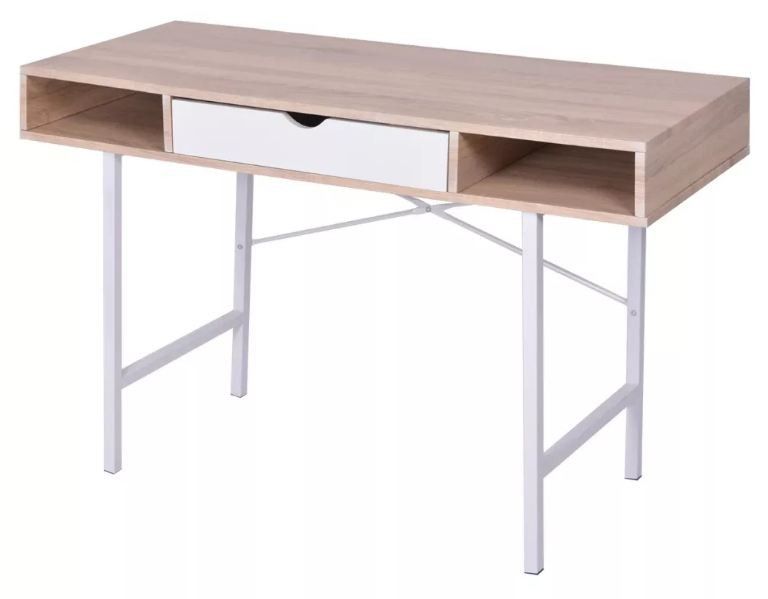 Bureau 1 tiroir 2 niches bois chêne clair et blanc et pieds métal Mistyk - Photo n°1