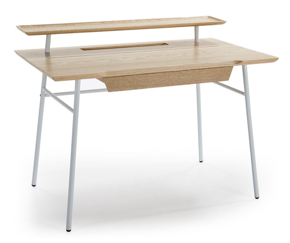 Bureau 1 tiroir bois massif clair et pieds métal blanc Kadja - Photo n°1