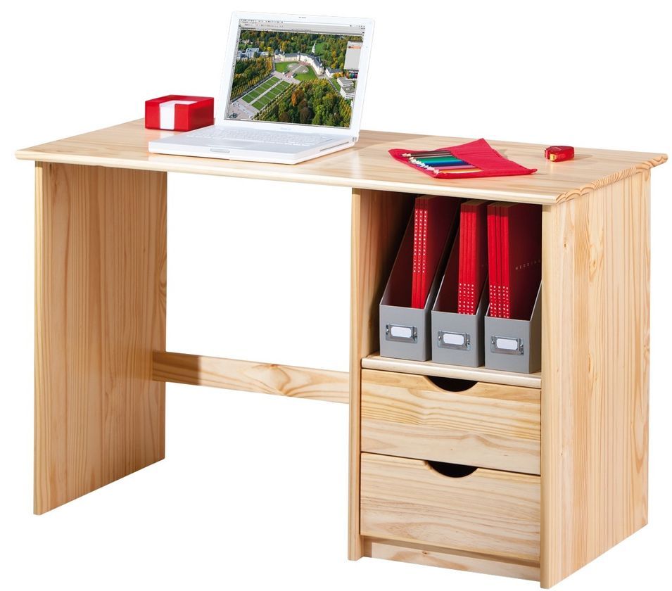 Bureau 2 tiroirs 1 niche pin massif clair Jam - Photo n°1