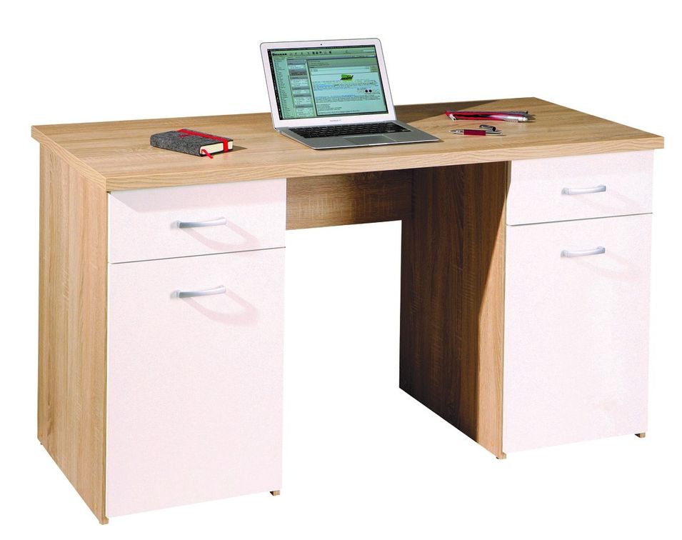 Bureau 2 tiroirs 2 portes blanches chêne clair Lily - Photo n°1