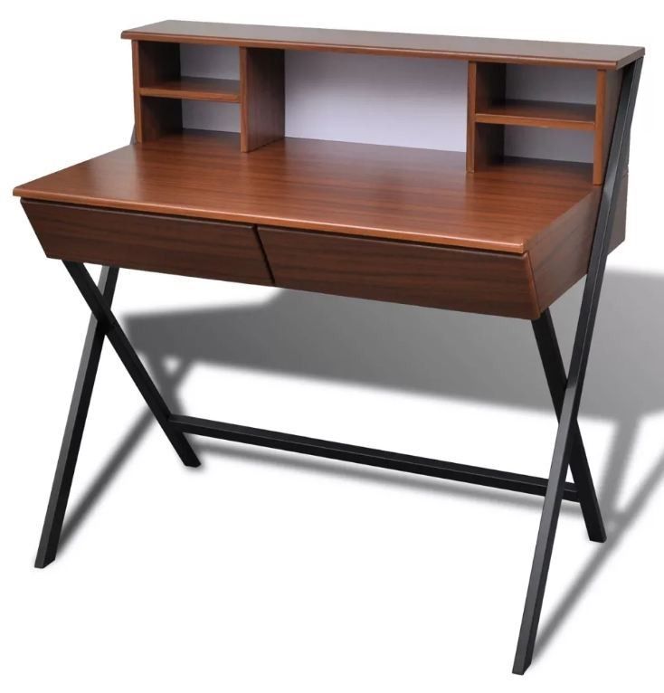 Bureau 2 tiroirs 5 niches marron foncé et métal noir métal Fenjyna - Photo n°1