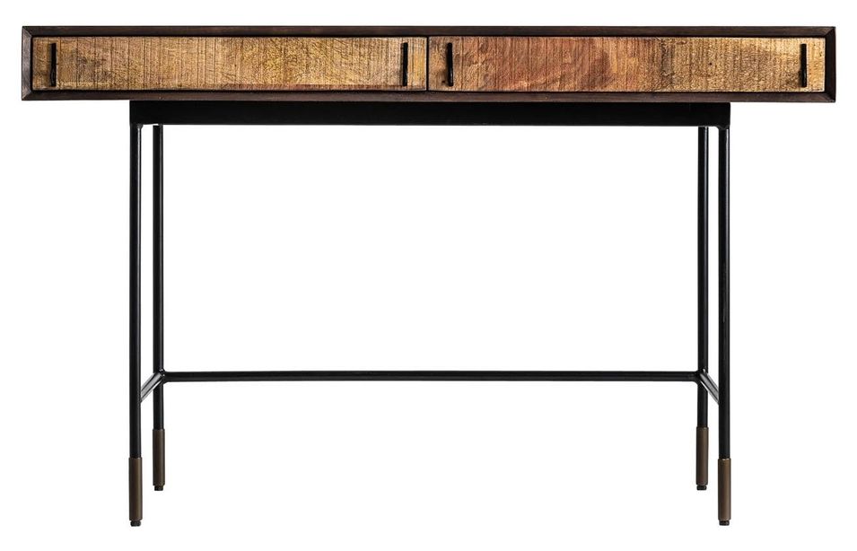 Bureau 2 tiroirs manguier massif foncé et clair pieds métal Pry - Photo n°1