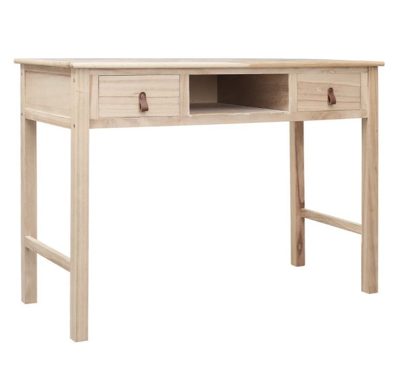 Bureau 2 tiroirs paulownia clair et poignées cuir Vero - Photo n°1