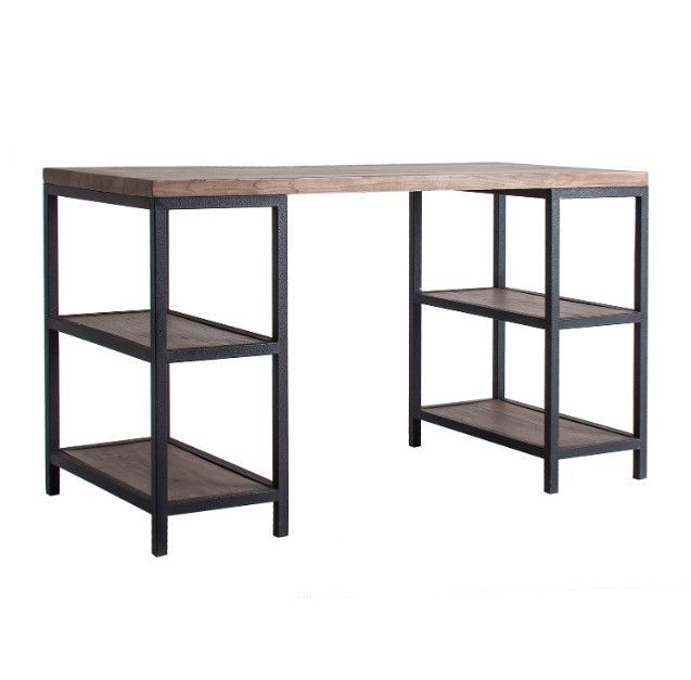 Bureau 4 étagères orme massif foncé et métal noir Téa - Photo n°1